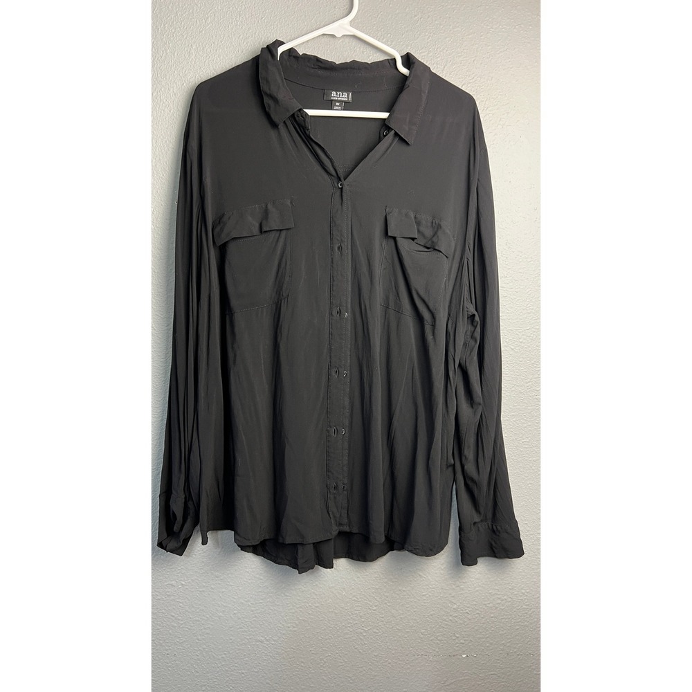 ANA A New Approach Black Rayon Button Down Utility Shirt Plus Size 3X Long SL